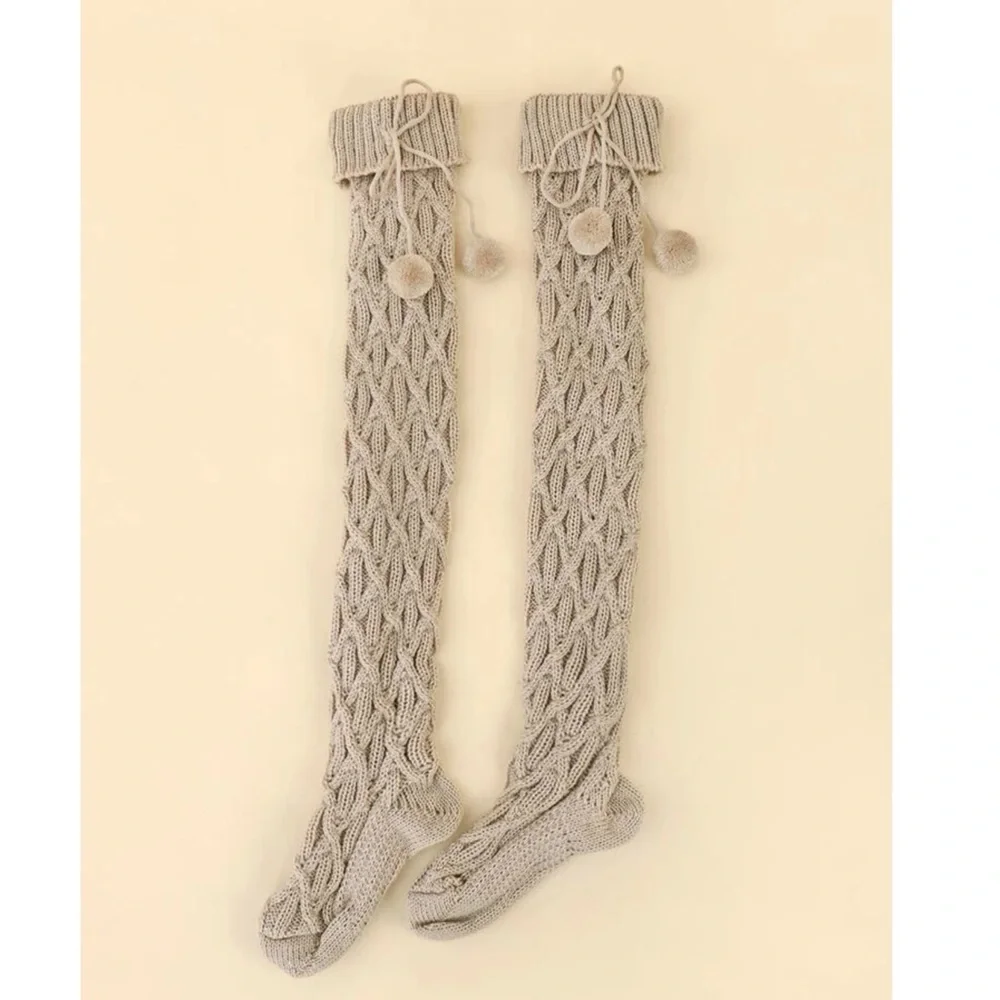 Cozy Cable-Knit Knee High Pom Pom Socks